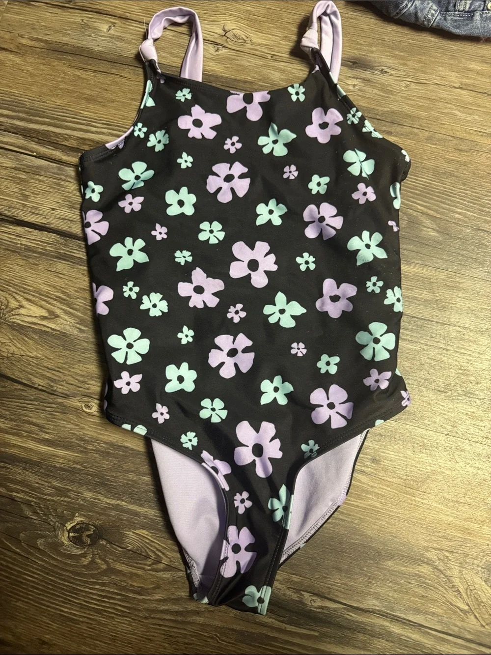 wonder nation Black One-Piece Swimsuit with Lavender and Mint Floral Print